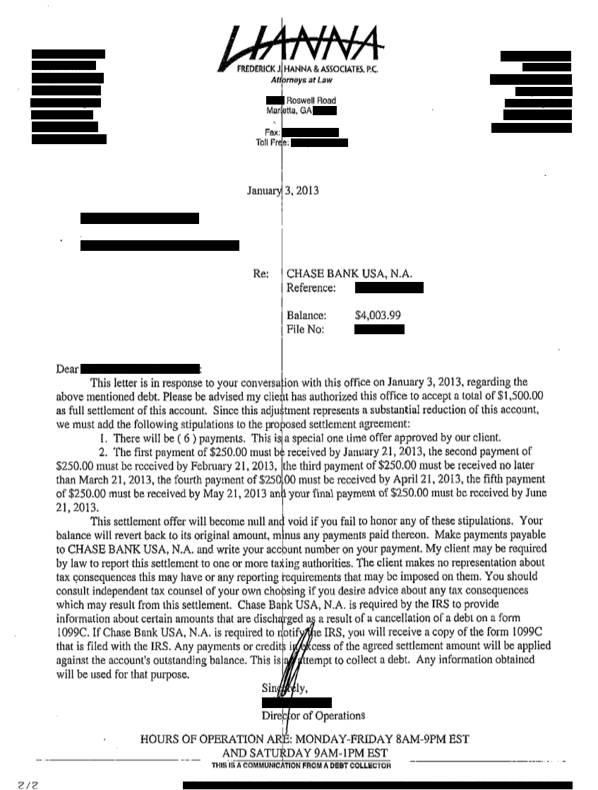 List of successful debt negotiation with Chase Card Services